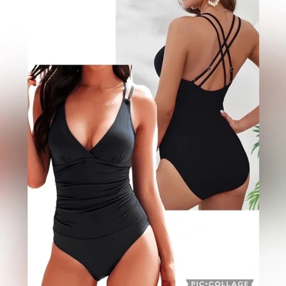 KI LAPHEE‎ Ruched One-Piece Swimsuit Crisscross Back Tummy Control Black Size M